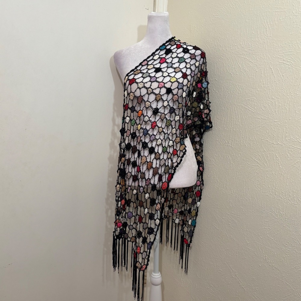 Crochet Beaded Black Rainbow Hexagon Scarf Shawl Fringe Retro Boho Whimsigoth